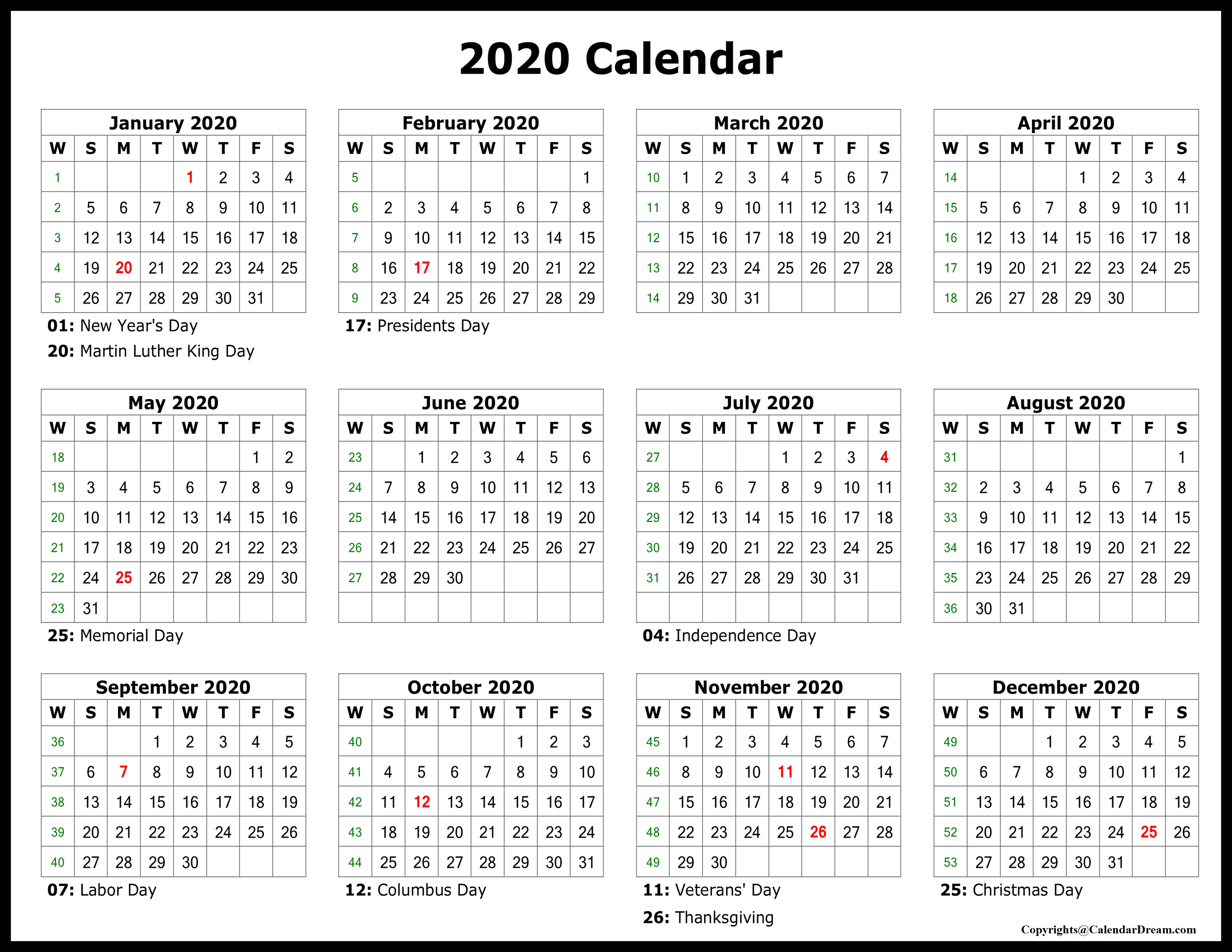 Printable Blank Yearly 2020 Calendar Template [PDF] Calendar Dream