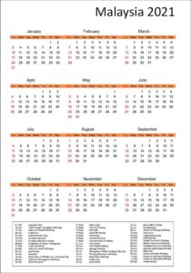 Malaysia 2021 Printable Calendar