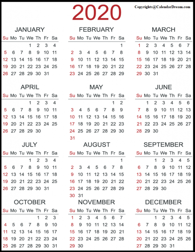 Printable 2020 Calendar | Calendar Dream