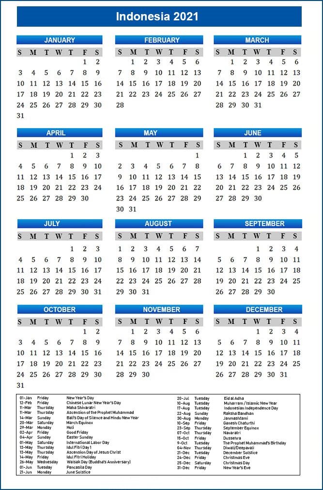Printable Indonesia 2021 Calendar With Holidays Pdf Calendar Dream