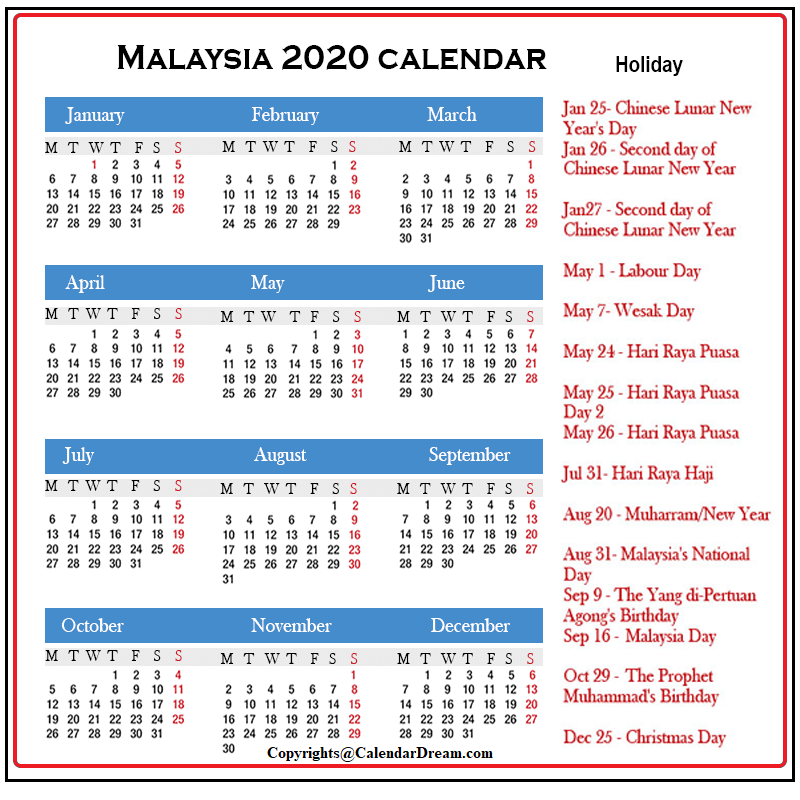 Free 2020 Printable Malaysia Calendar With Holidays[PDF ...