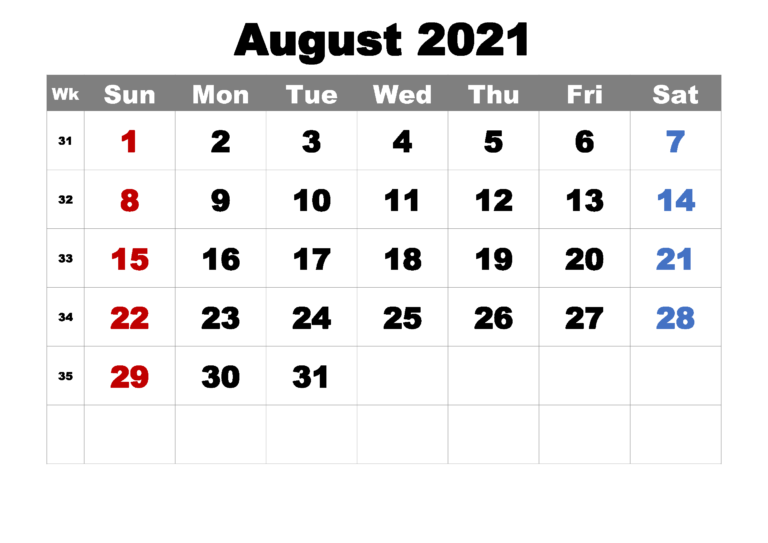 2021 August Calendar PDF Calendar Dream