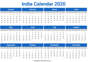 Indian 2020 Printable Calendar