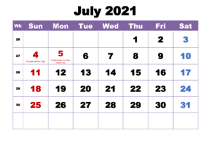 July 2021 Calendar With Holidays