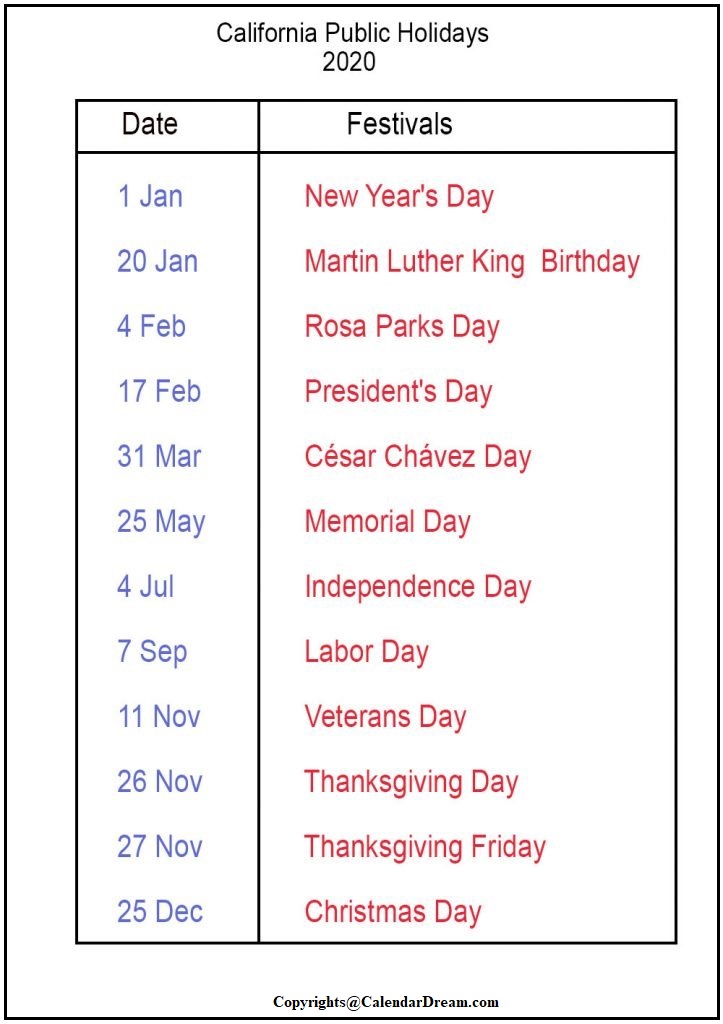 Free 2020 California Printable Calendar with Holidays [PDF] Calendar