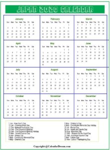 Japan Calendar 2020 Printable