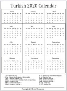 Turkish Calendar with Holidays 2020
