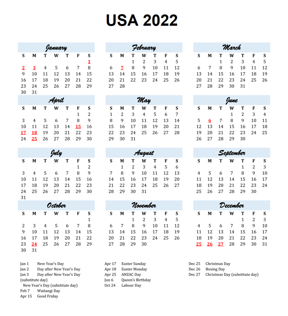 Calendar 2022 with USA Holidays