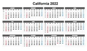 California 2022 Calendar Printable