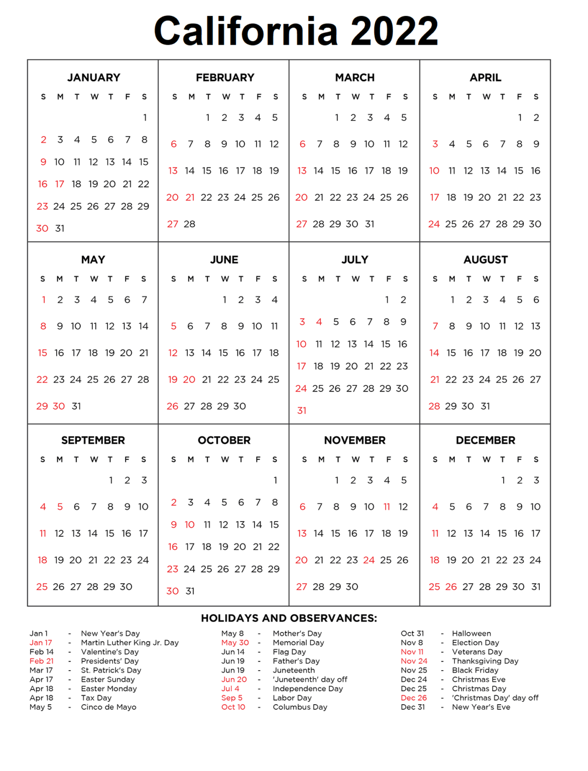 California 2022 Calendar With Holiday | Calendar Dream