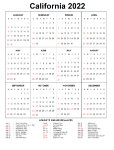 California 2022 Calendar With Holiday
