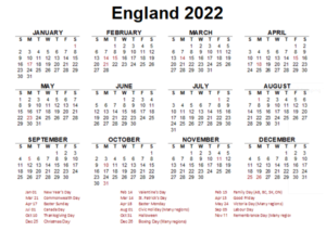 England 2022 Calendar With Holiday