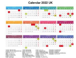 England 2022 Printable Calendar