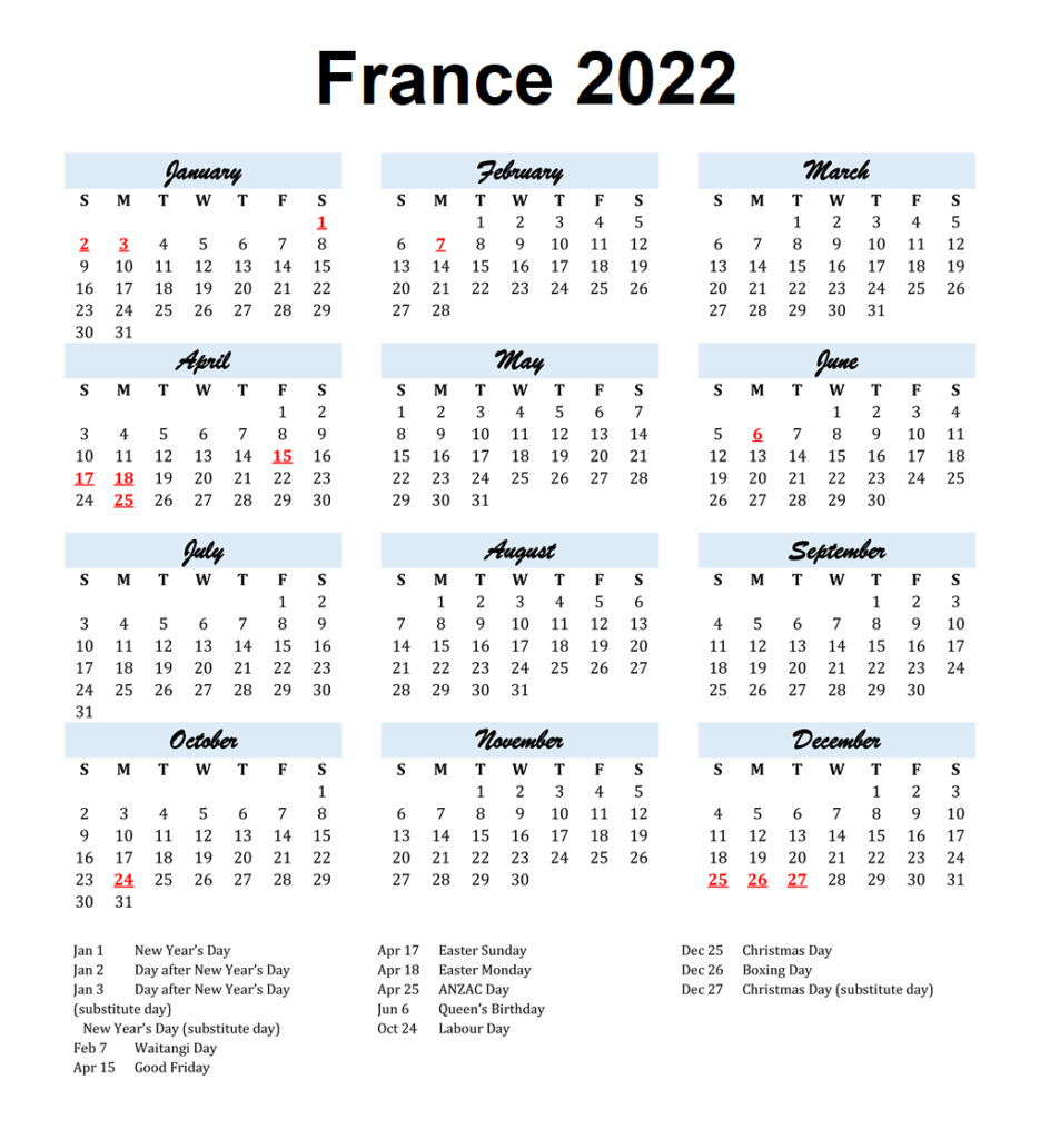 France 2022 Calendar Printable