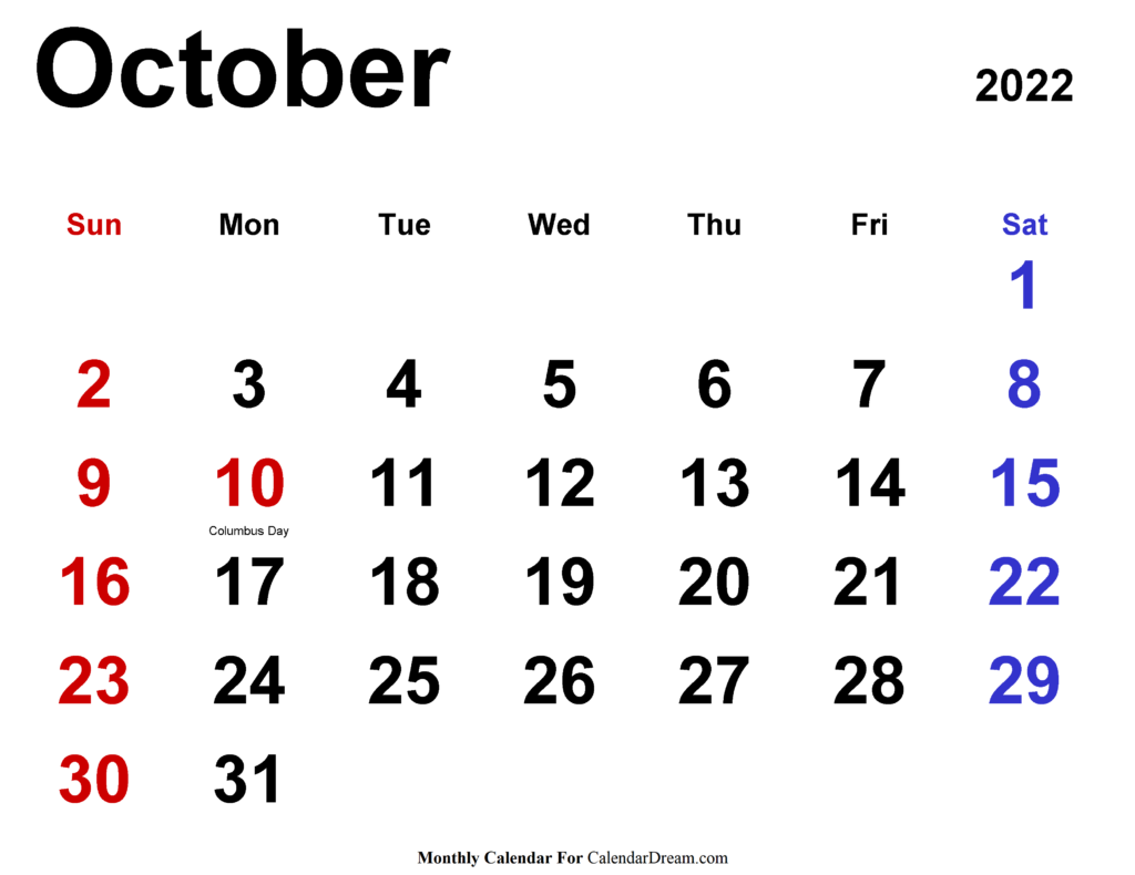 October 2022 Calendar With Holidays