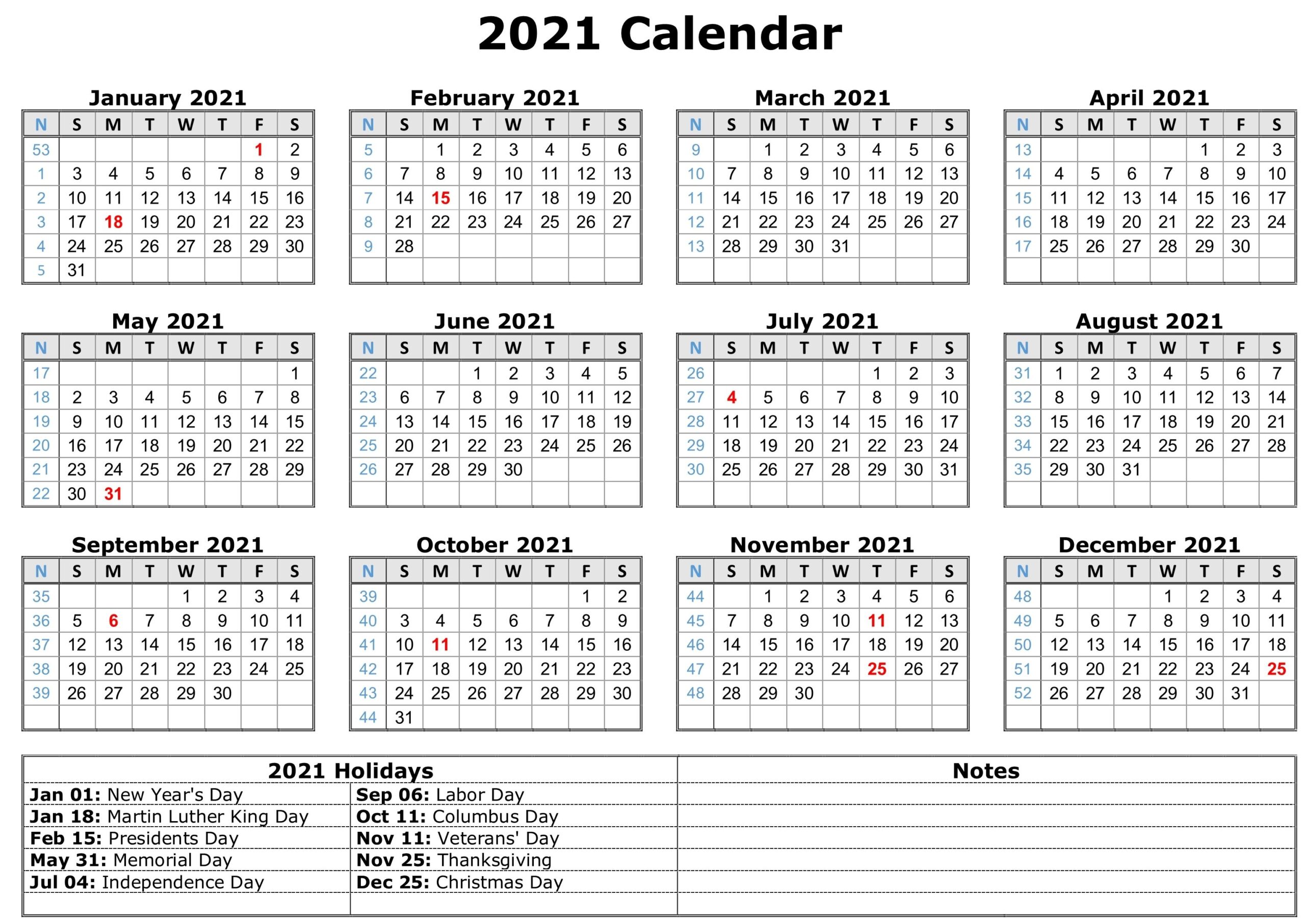 Printable Blank Yearly 2021 Calendar Template [PDF ...
