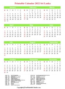 Printable Calendar 2022 with Sri Lanka Holidays
