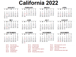 Public Holidays in California 2022