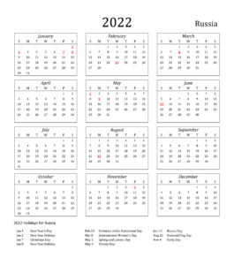Russia Calendar 2022