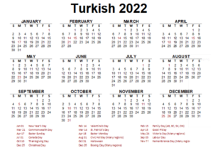 Turkish 2022 Calendar