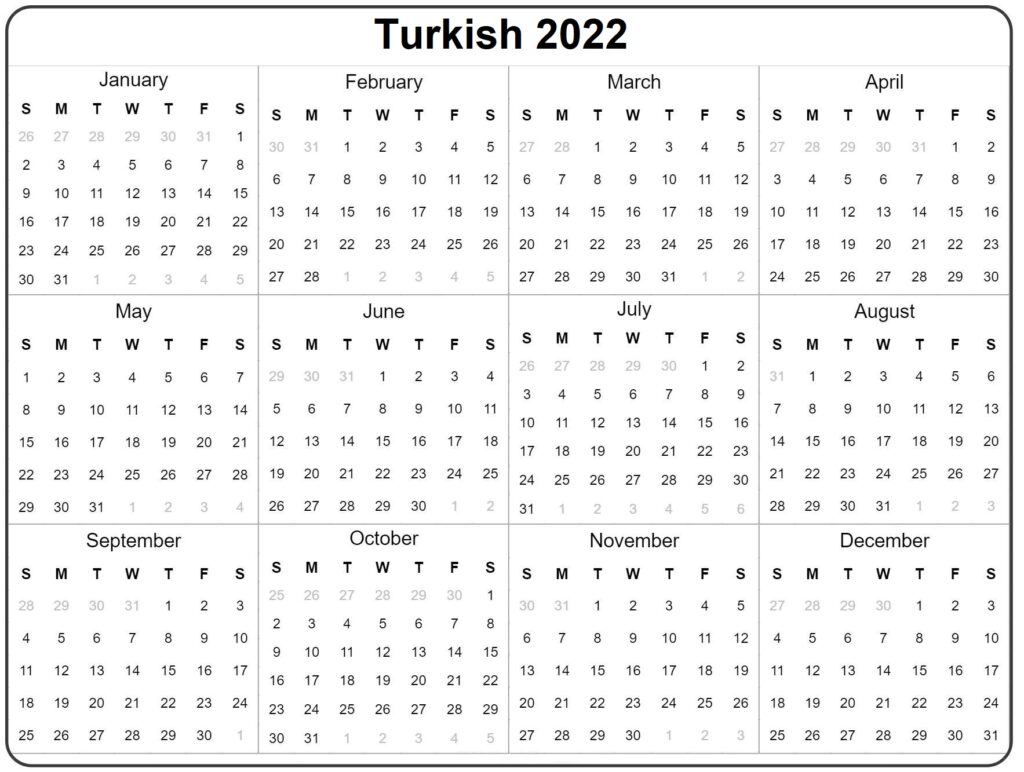 Turkish 2022 Calendar Printable