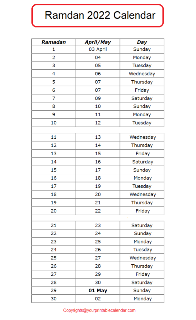 2022 Ramadan Calendar USA Calendar Dream