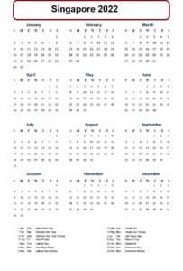 Calendar 2022 Singapore Holidays