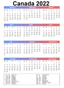 Canada 2022 Public Holidays Calendar