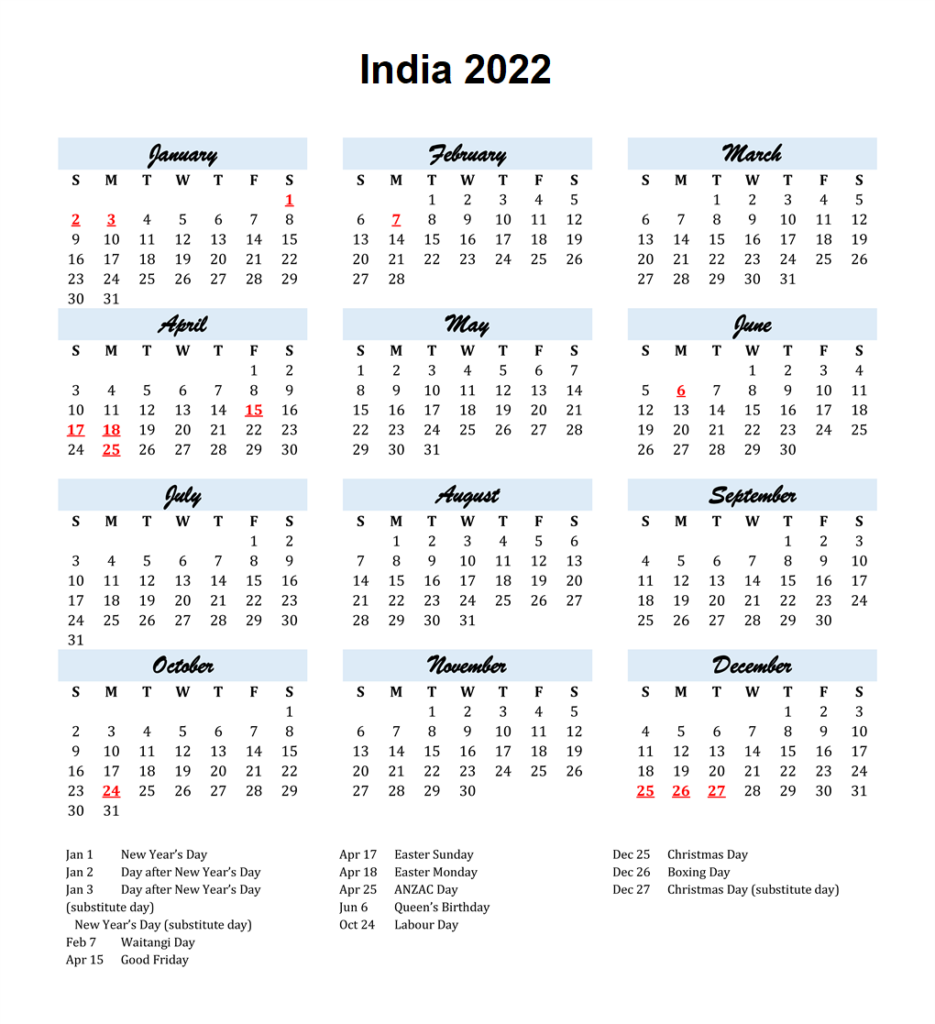 India 2022 Printable Calendar