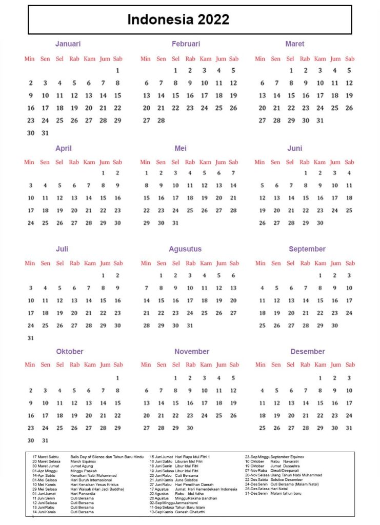 Indonesia 2022 Calendar