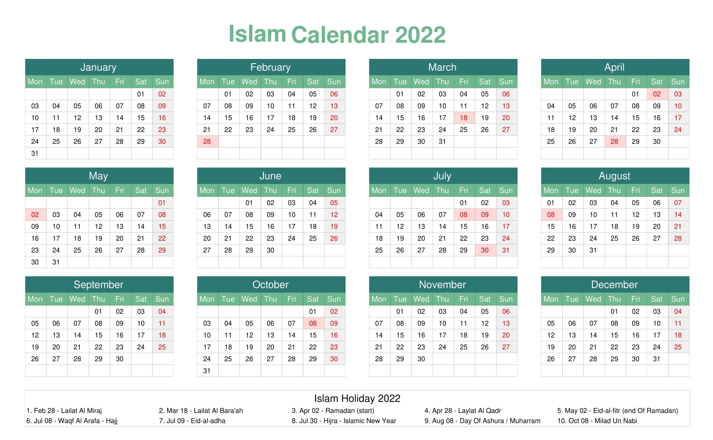 Muslim Calendar 2022 Printable Islamic 2022 Calendar In Pdf | Hijri Calendar 1443