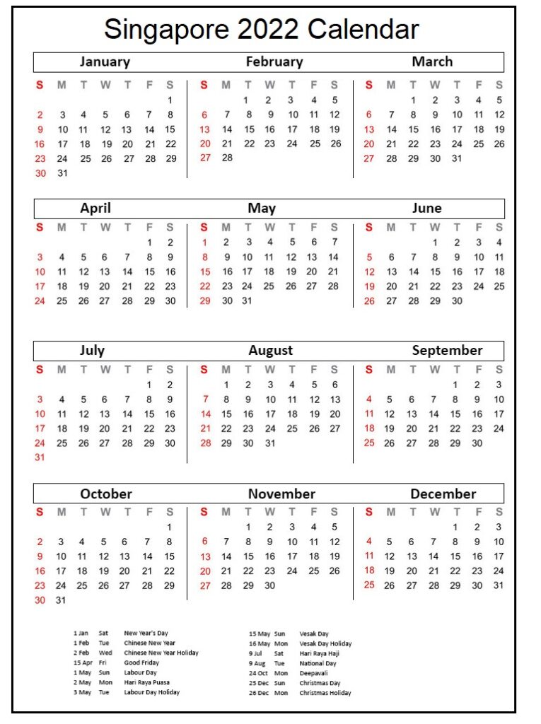 Singapore 2022 Calendar Printable