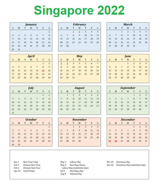 Singapore 2022 Printable Calendar