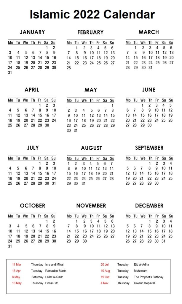 Urdu 2022 Calendar