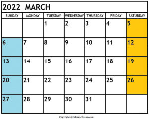 March 2022 Calendar A4