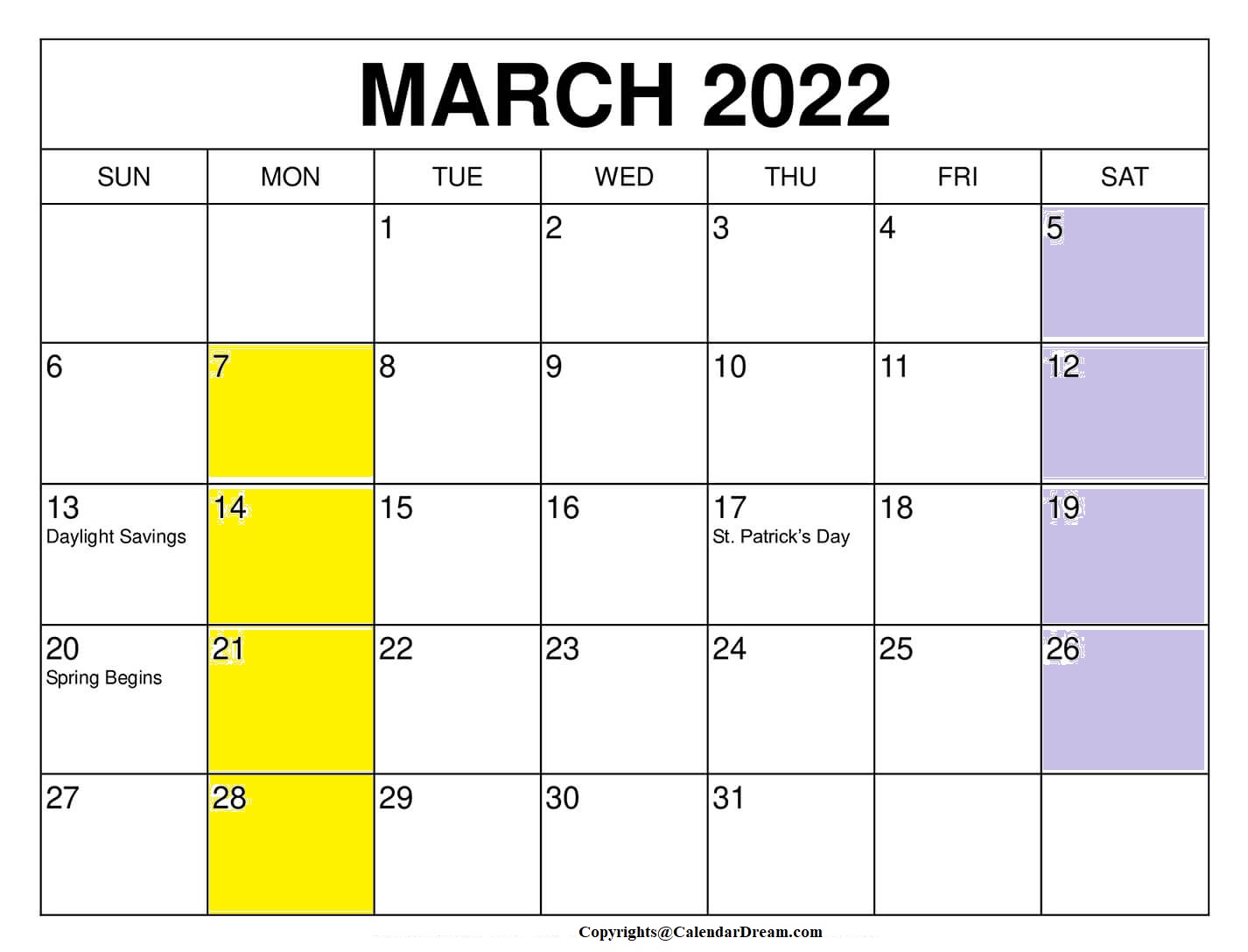 Printable March 2022 Calendar With Holidays in PDF Word Calendar Dream