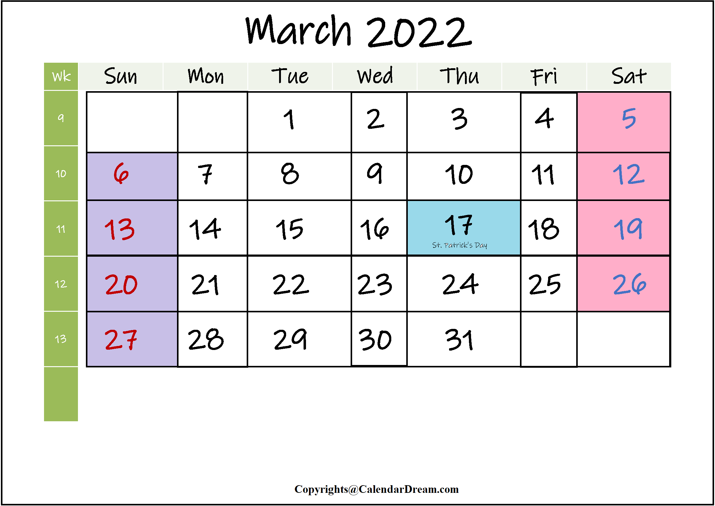 Printable March 2022 Calendar With Holidays In Pdf Word Free 