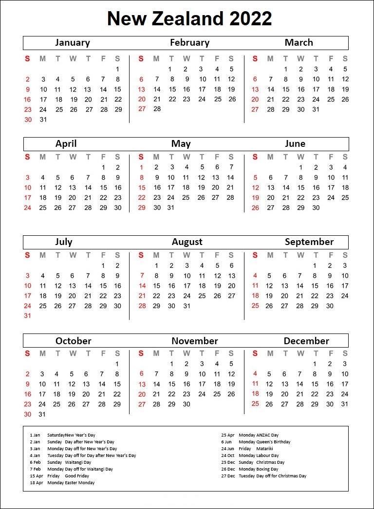 Printable 2022 Calendar With Holidays Free Printable New Zealand 2022 Calendar With Holidays [Pdf]