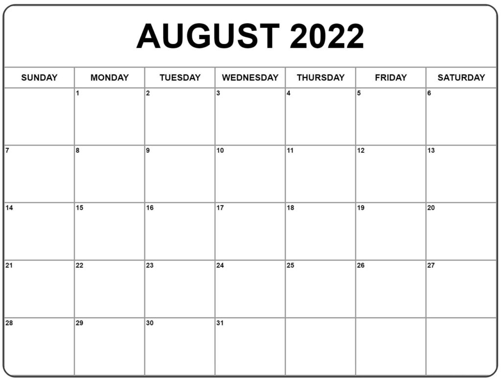 Printable Calendar 2022 August Printable Free Blank August 2022 Calendar Template [Pdf]
