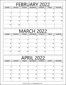 February March April 2022 Calendar