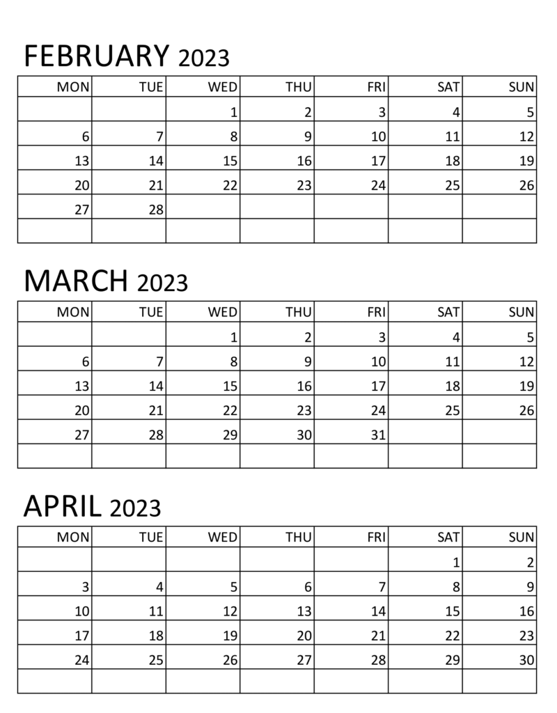 February March April Blank 2023 Calendar