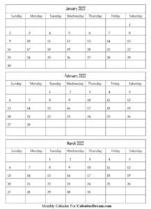 January February March 2022 Printable Calendar