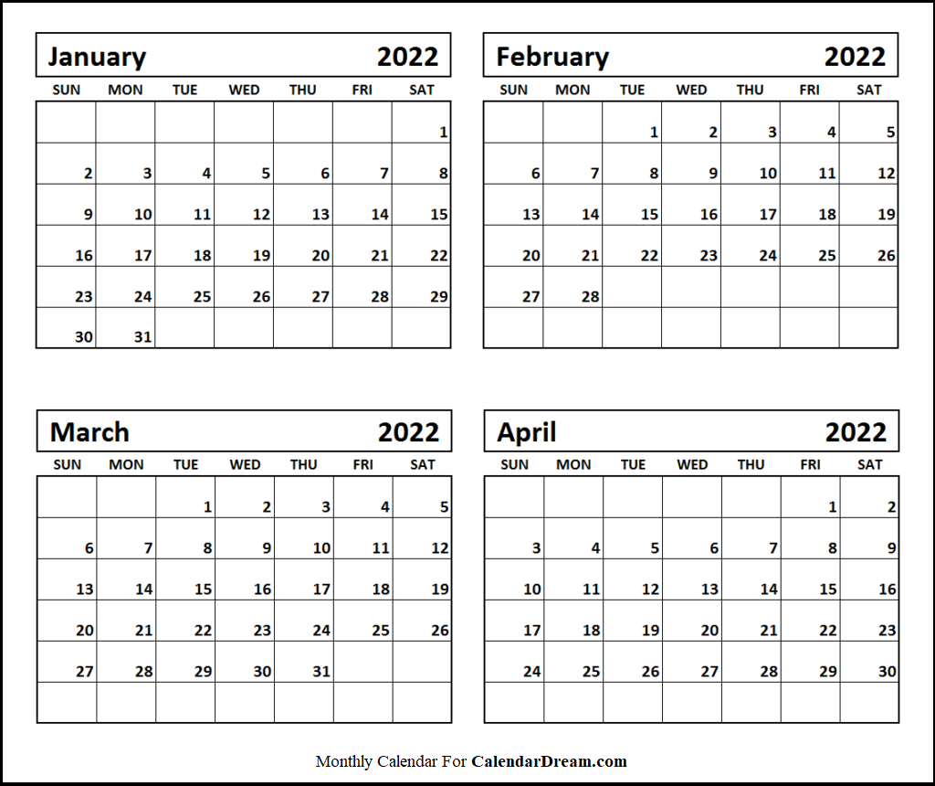 Printable February, March April Calendar 2022