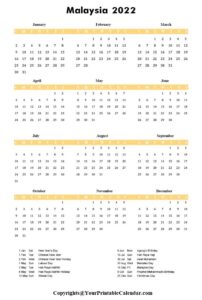 Malaysia 2022 Calendar Printable