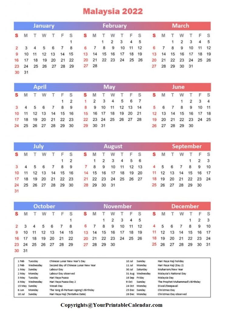 Malaysia 2022 Calendar with Holidays