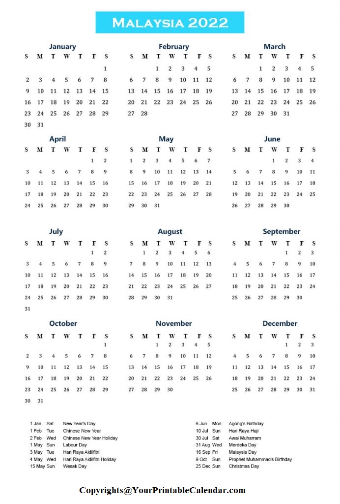 Malaysia 2022 Calendar