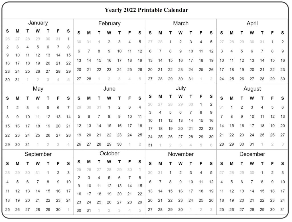 Yearly 2022 Printable Calendar