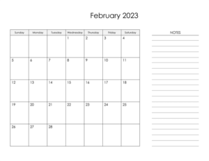 February Calendar 2023 with Notes