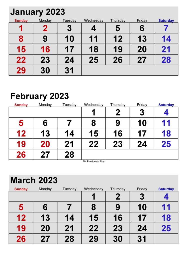 January February Calendar