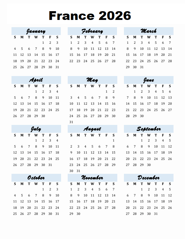 France 2026 Monthly Calendar